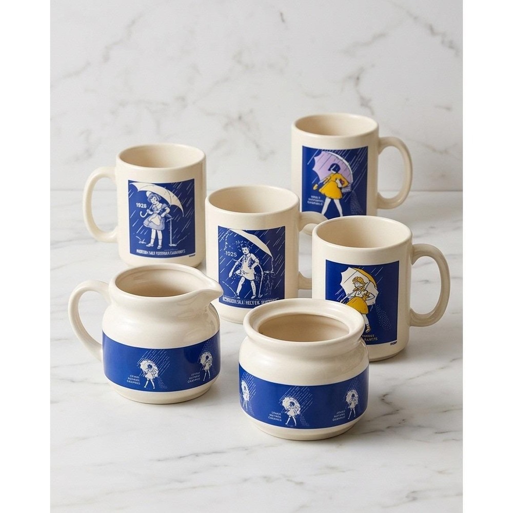 Vintage 1978 Morton Salt Girl Coffee Mugs Creamer Sugar Bowl Set Blue Yellow